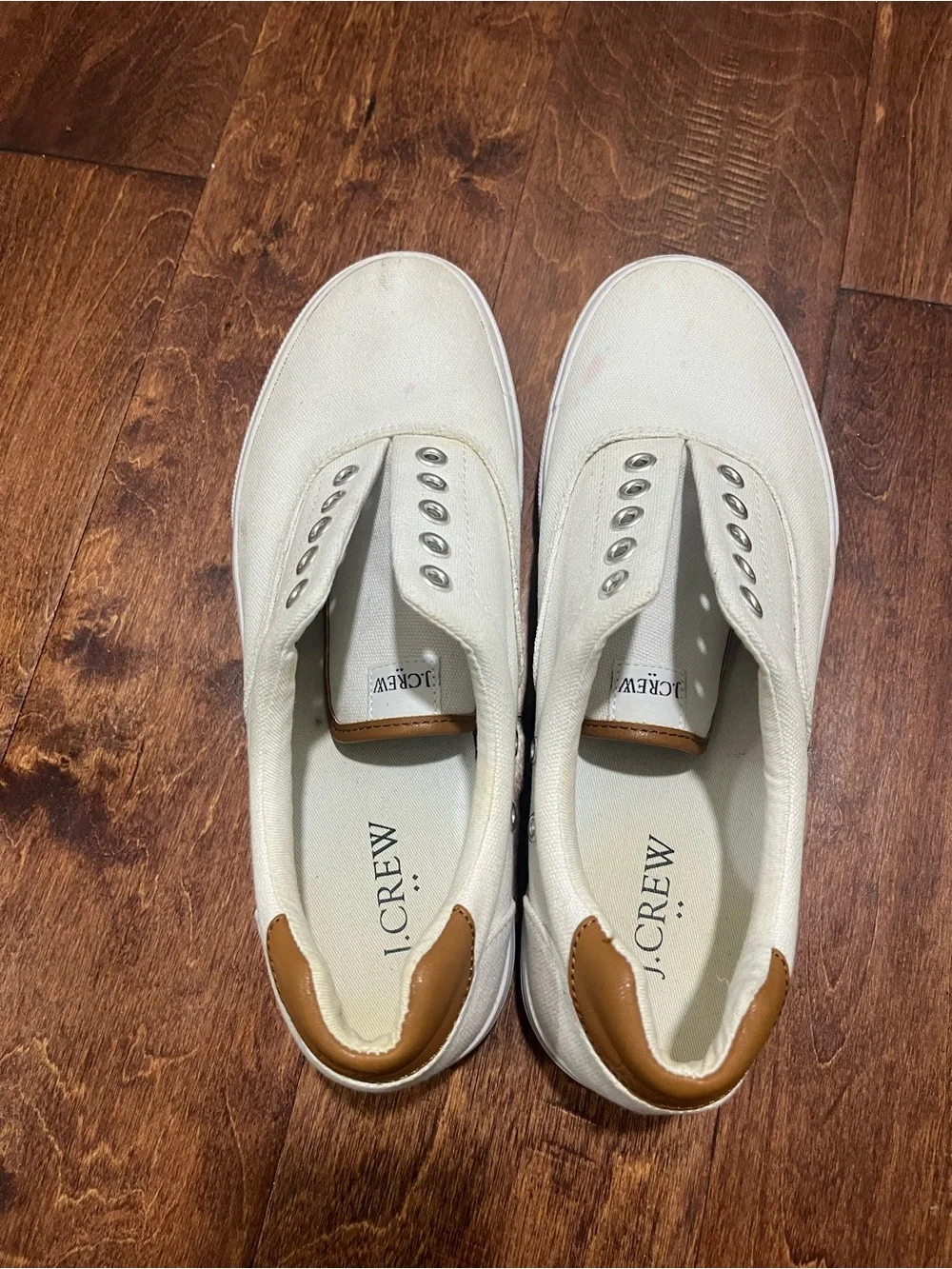J. Crew White Canvas Sneakers with Tan Heel Accent